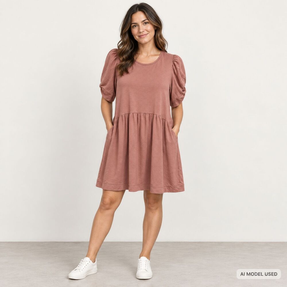 Lumiere Pink Knit Shift Dress Round Neck 3/4 Puff Sleeve Pockets Women’s S